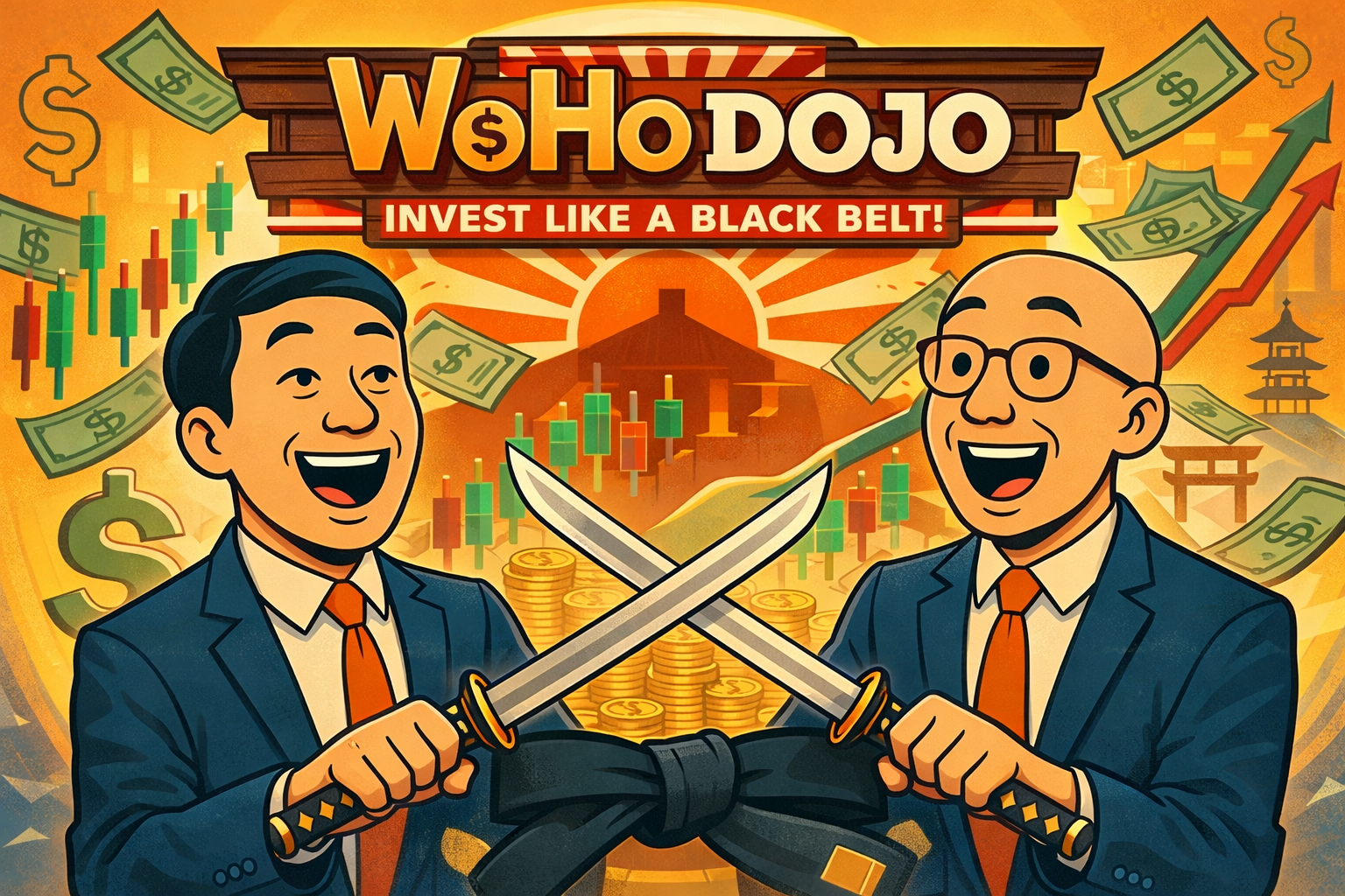WoHoDojo — two sensei characters with crossed katanas, stock charts in the background
